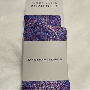 NWT Perry Ellis Necktie and Pocket Square Set in Spring Colors Pink and Lilac